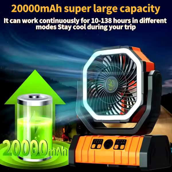 پنکه شارژی کمپینگ مدل F6 با چراغ LED و کنترل از راه دور