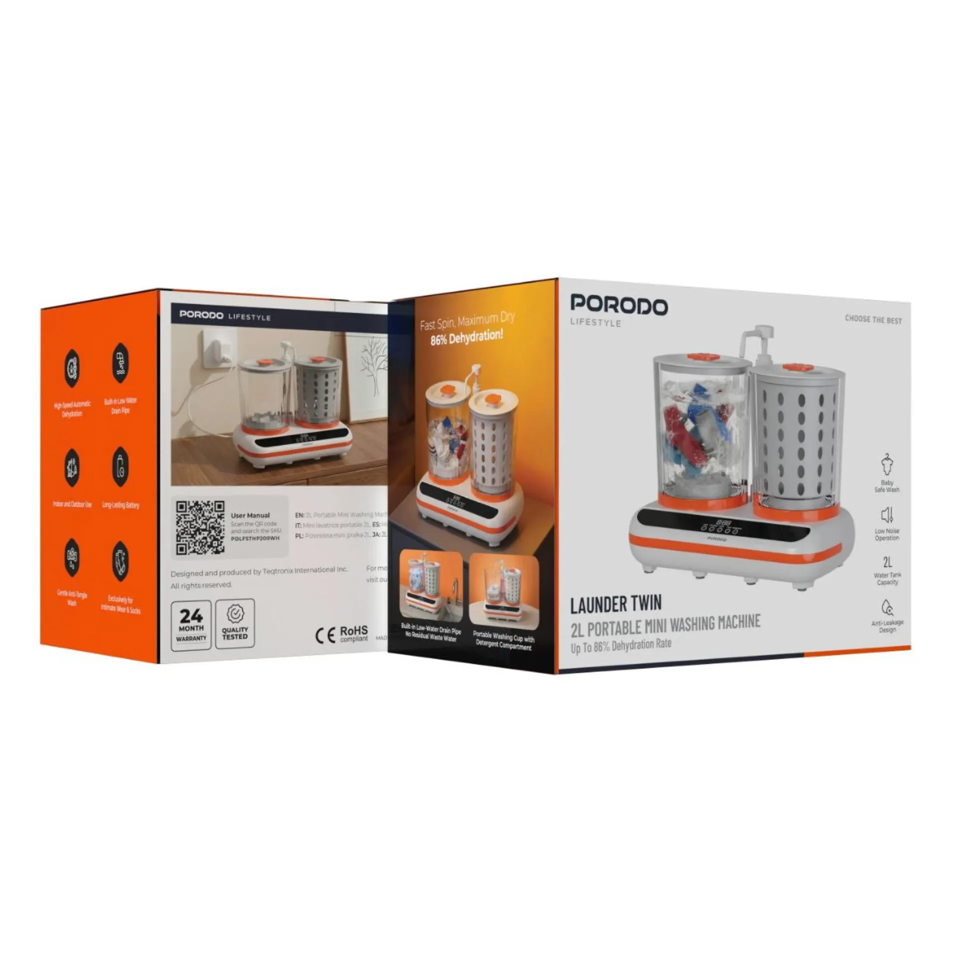ماشین لباسشویی قابل حمل Porodo Launder Twin 2L Portable Mini